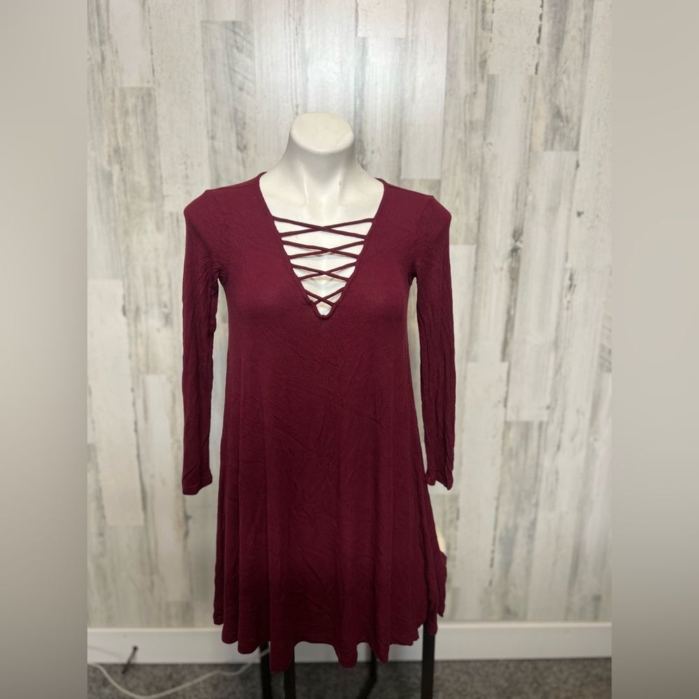 American Eagle Soft & Sexy Maroon Burgundy Crisscross Long Sleeve Swing Dress S